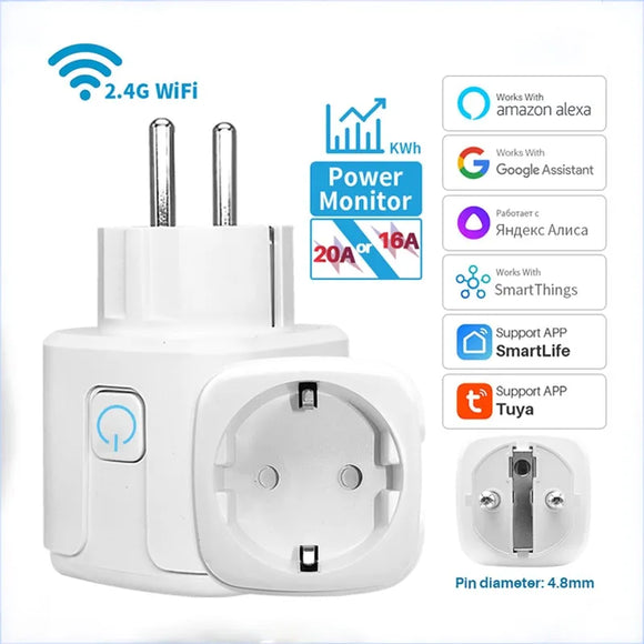 Tuya 20A EU Smart Socket WiFi BLE Smart Plug With Power Monitoring Timing Function Voice Control Alexa Google Assistant
